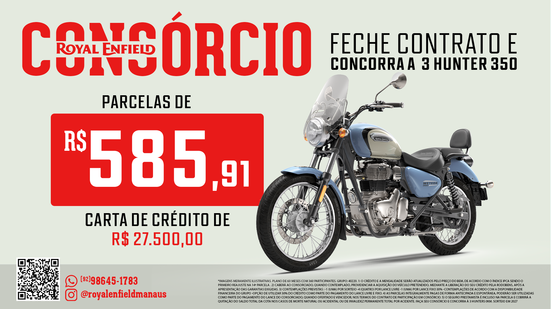 Encarte do consórcio Royal Enfield Meteor 350 com valor da parcela e carta de crédito