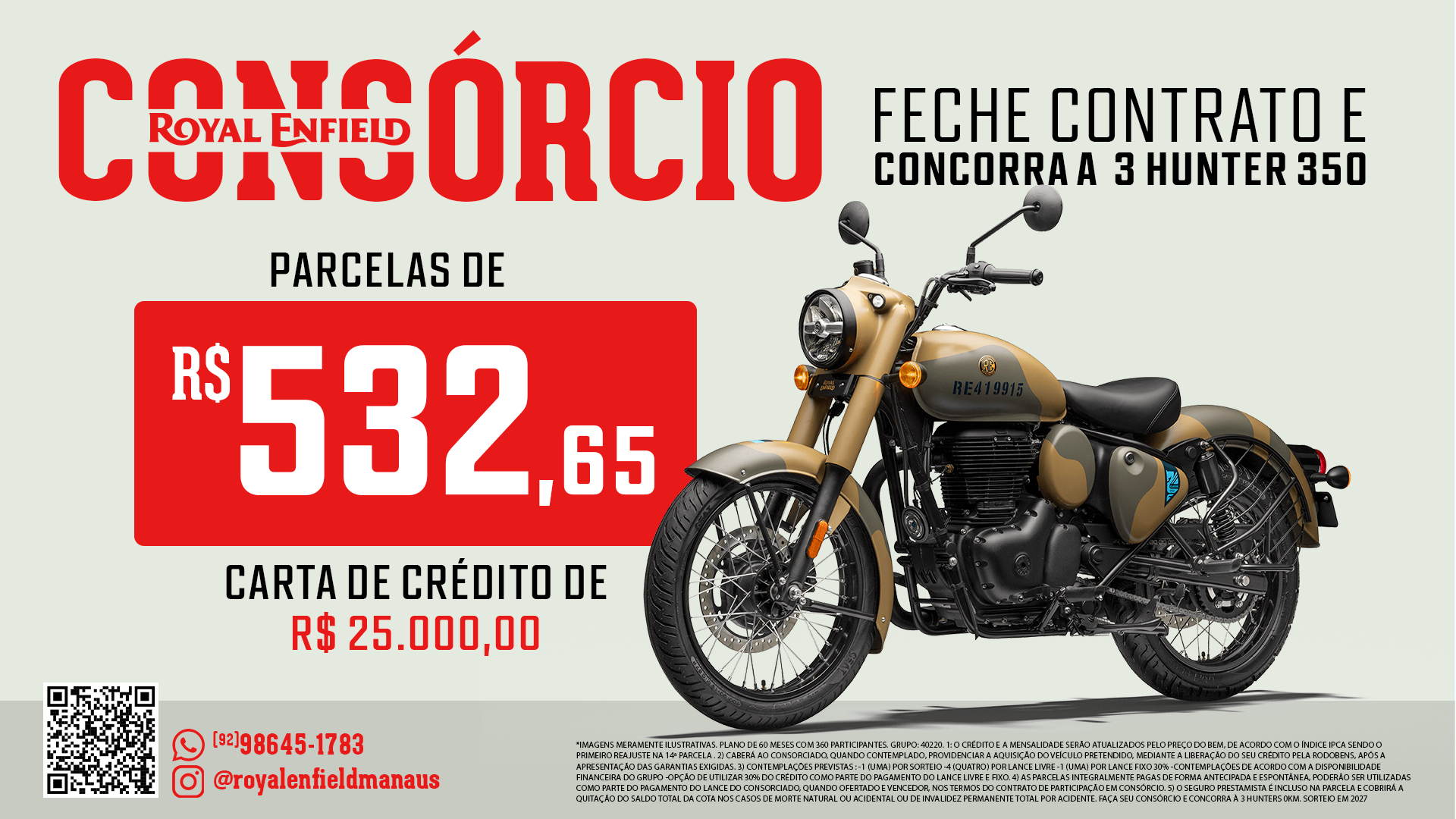 Encarte do consórcio Royal Enfield Classic 350 com valor da parcela e carta de crédito