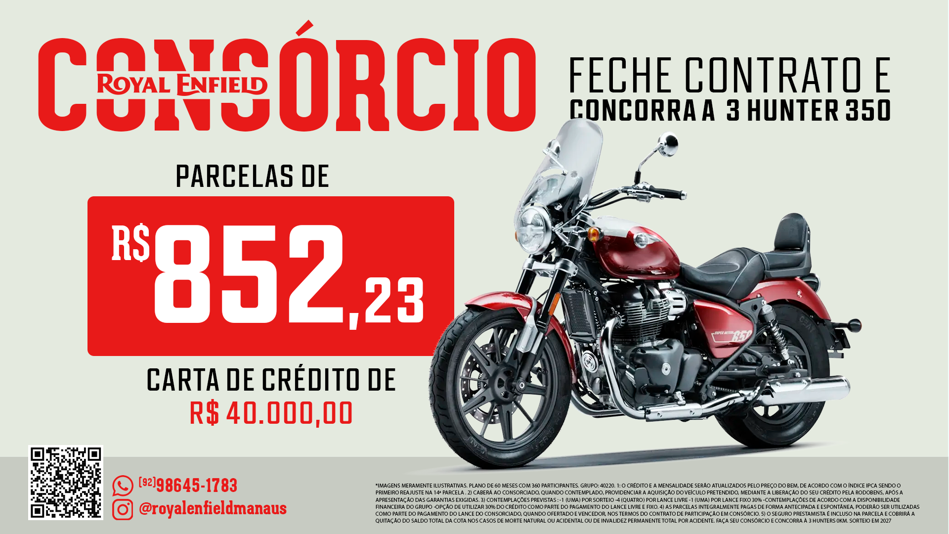 Encarte do consórcio Royal Enfield Super Meteor 650 com valor da parcela e carta de crédito