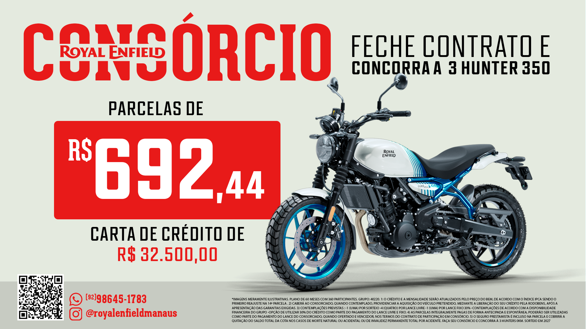 Encarte do consórcio Royal Enfield Guerrilla 450 com valor da parcela e carta de crédito