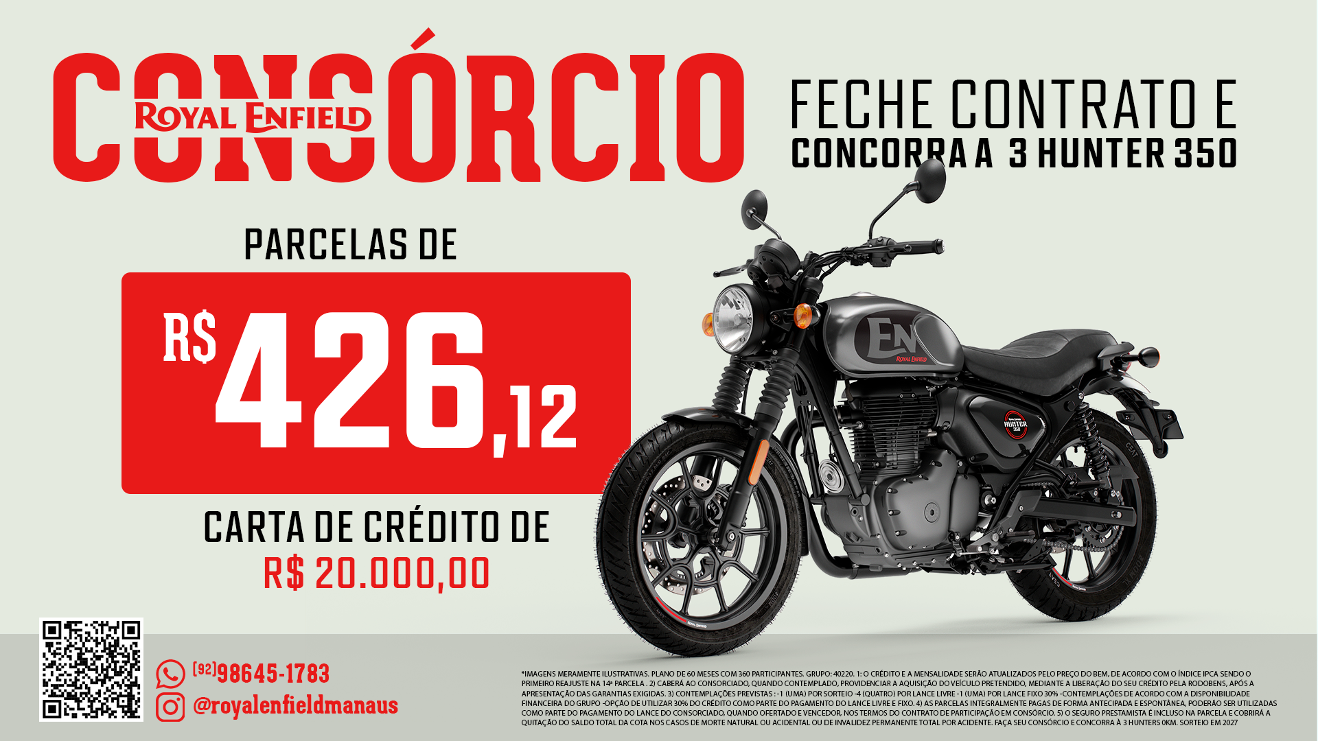 Encarte do consórcio Royal Enfield Hunter 350 com valor da parcela e carta de crédito