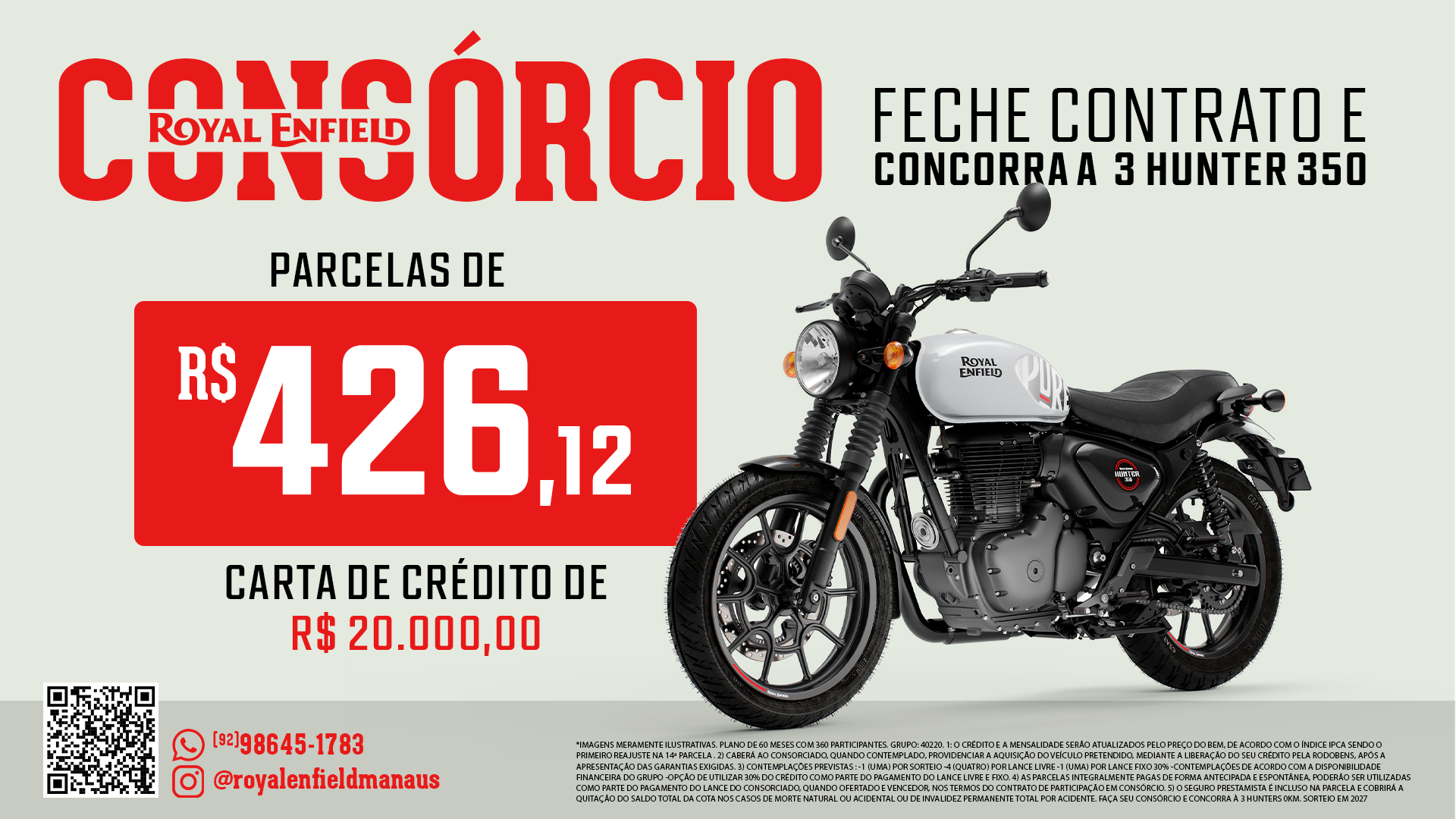 Encarte do consórcio Royal Enfield Hunter 350 com valor da parcela e carta de crédito