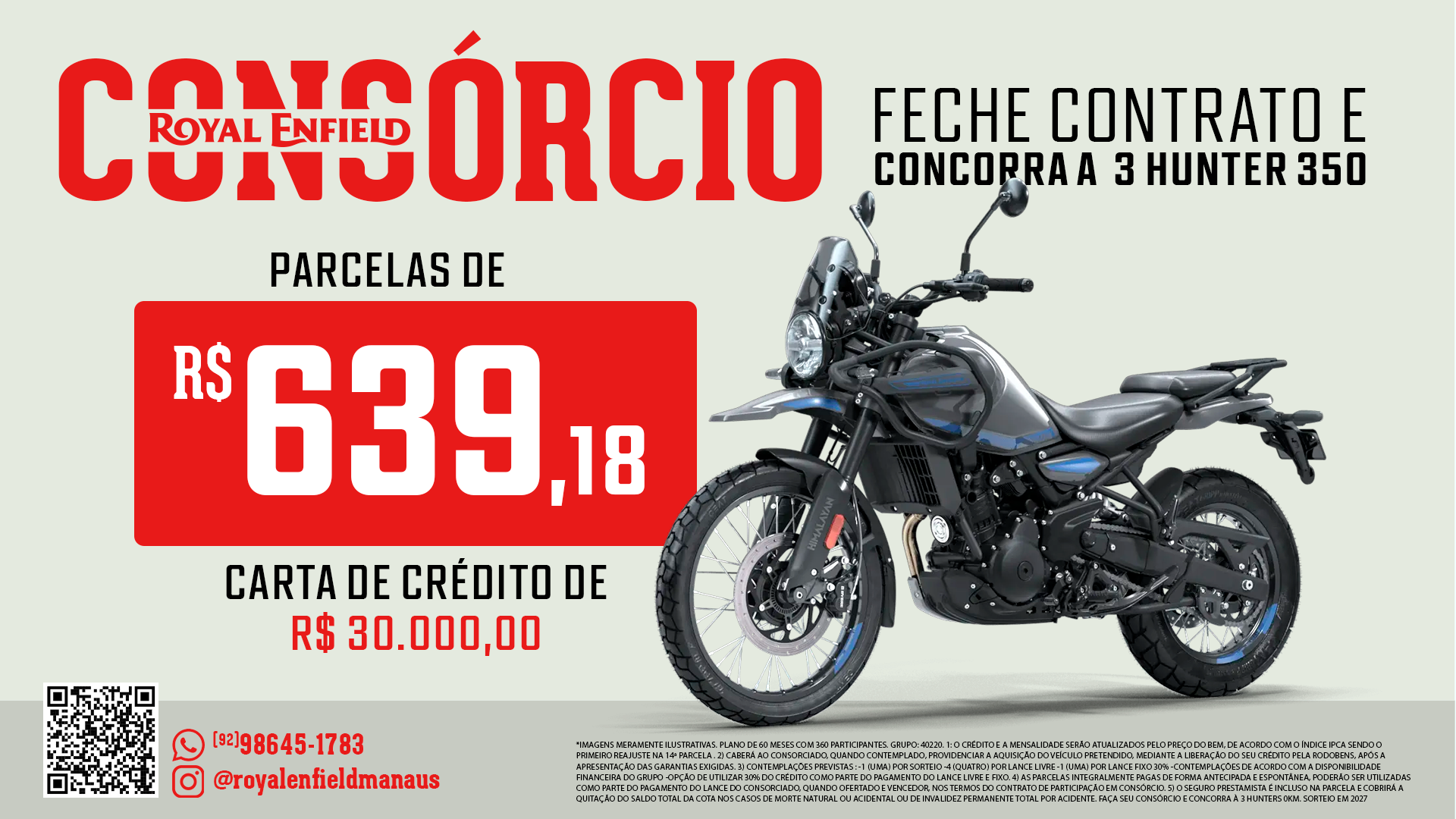 Encarte do consórcio Royal Enfield Himalayan 450 com valor da parcela e carta de crédito