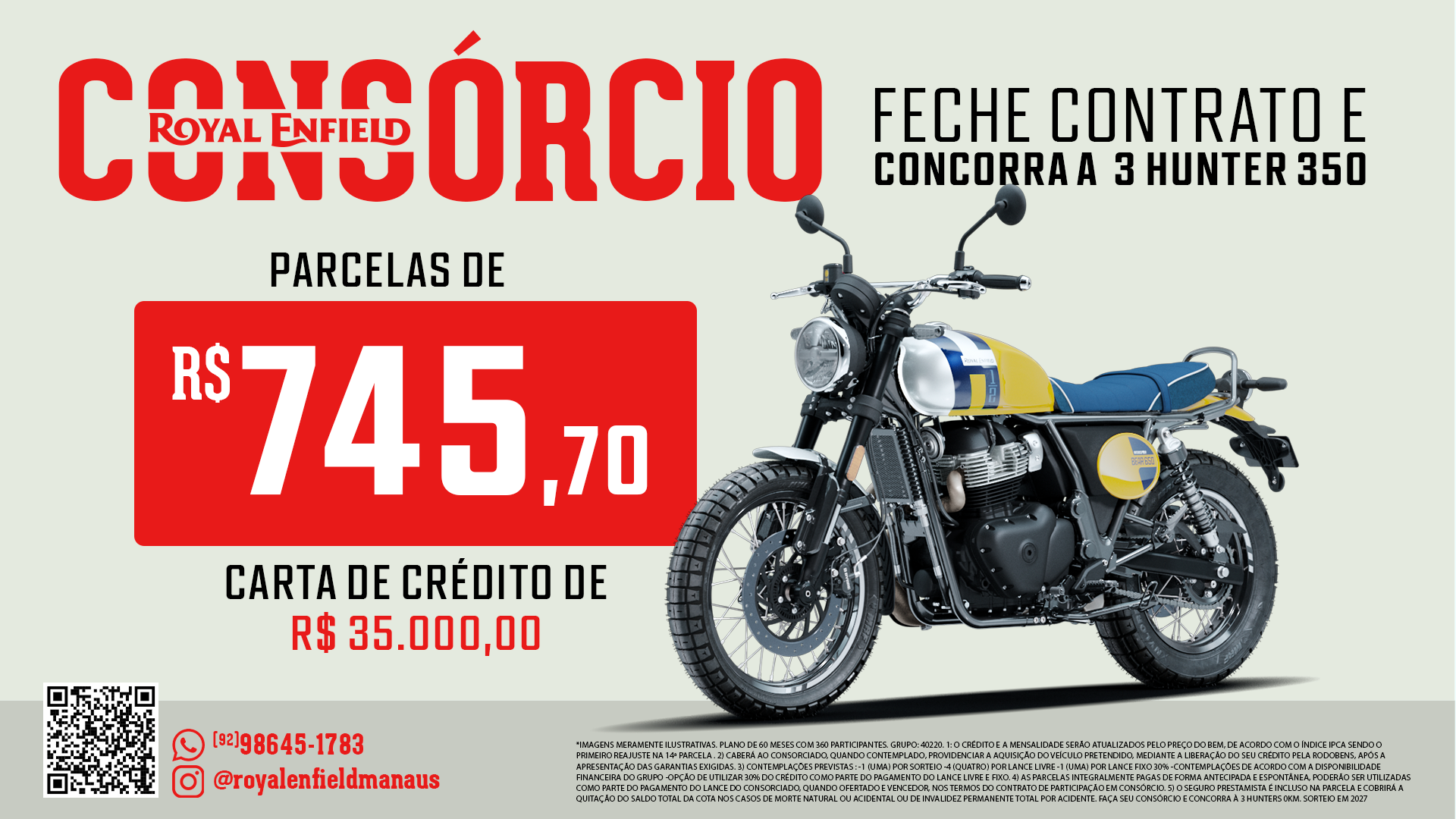 Encarte do consórcio Royal Enfield Bear 650 com valor da parcela e carta de crédito